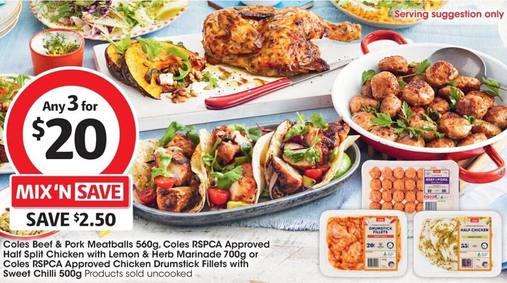 Coles Beef & Pork Meatballs 560g, Coles RSPCA Approved Half Split