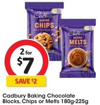 Coles Cadbury Baking Chocolate blocks, Chips or Melts 180g-225g offer