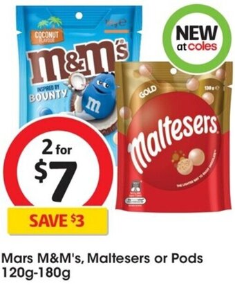 Coles Mars M&M's, Maltesers or Pods 120g-180g offer