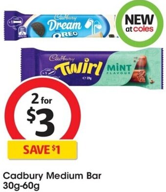 Coles Cadbury Medium Bar 30g-60g offer