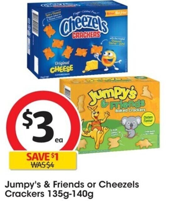 Jumpy's & Friends or Cheezels Crackers 135g140g offer at Coles