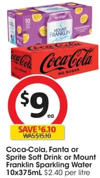 Coles Coca-Cola, Fanta or Sprite Soft Drink or Mount Fanklin Sparkling Water 10x375ml offer