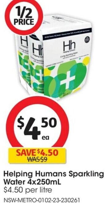 Coles Helping Humans Sparkling Water 4x250 ml offer