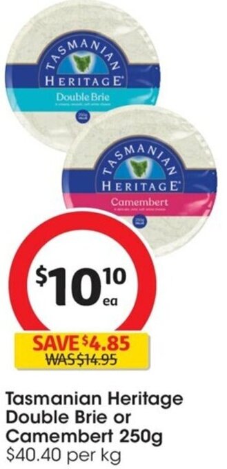 Coles Tasmanian Heritage Double Brie or Camembert 250g offer