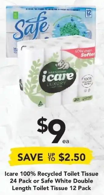 Drakes Icare 100% Recycled Toilet Tissue 24 Pack or Safe White Double Length Toilet Tissue 12 Pack offer