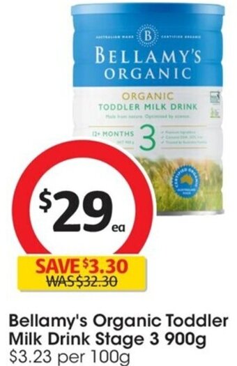 Coles Bellamy's Organic Toddler Milk Drink Stage 3 900g offer