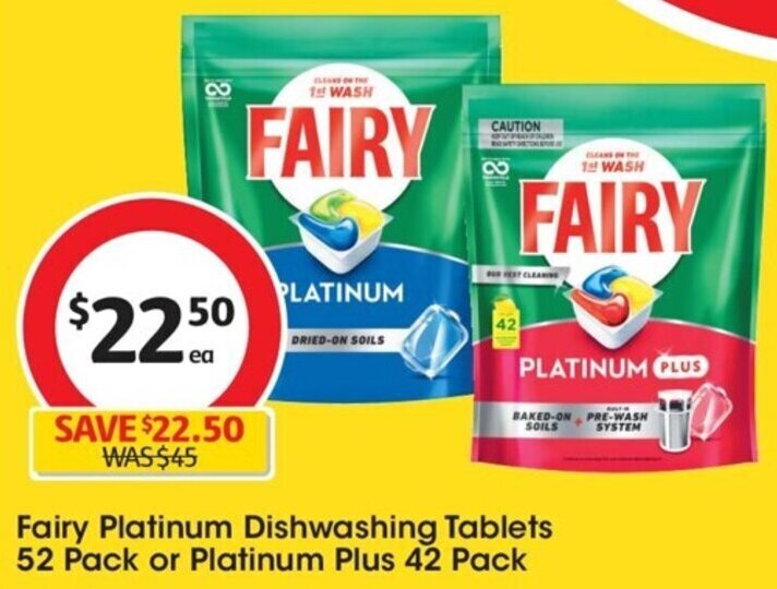 Fairy Platinum Dishwashing Tablets 52 Pack or Platinum Plus 42 Pack
