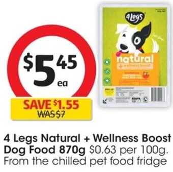 Coles 4 Legs Natural + Wellness Boost Dog Food 870g offer