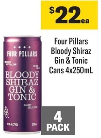 Coles Four Pillars Bloody Shiraz Gin & Tonic Cans 4x250ml offer