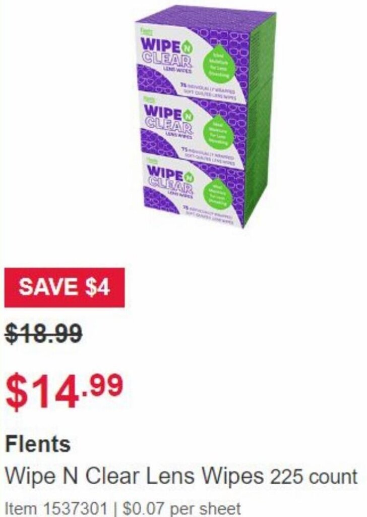 Flents Wipe N Clear Lens Wipes 225 count offer at Costco