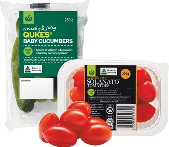 Woolworths Australian Sweet Solanatou2122 Tomatoes 200g Punnet or Qukes Baby Cucumbers 250g Pack offer