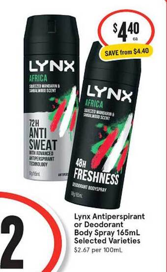 IGA Lynx antiperspirant or deodorant body spray offer
