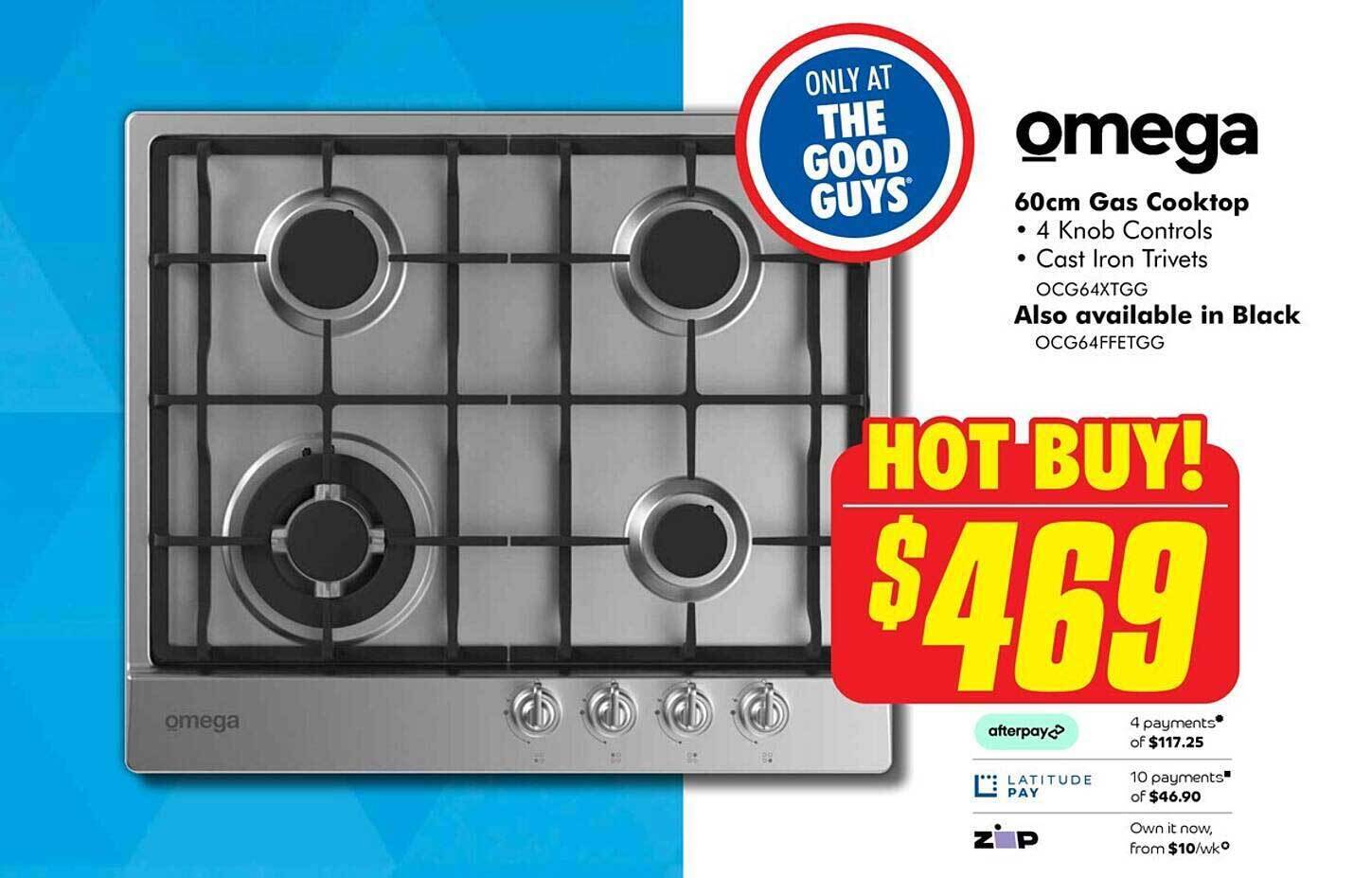 Omega 60cm gas cooktop offer at The Good Guys