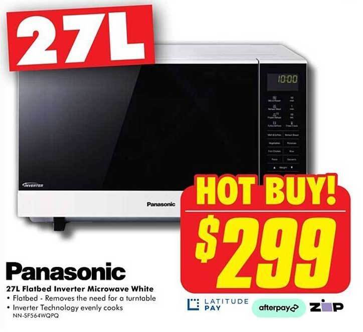 Panasonic 27l flatbed inverter microwave white offer at The Good Guys
