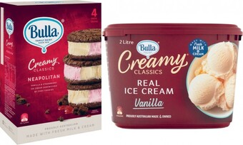 Coles Bulla Creamy Classics 2 Litre or Cookie Sandwich 4 Pack offer
