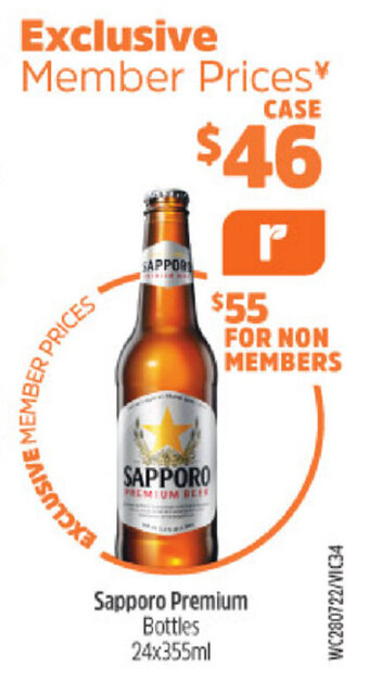 BWS Sapporo Premium Bottles 24x355ml offer