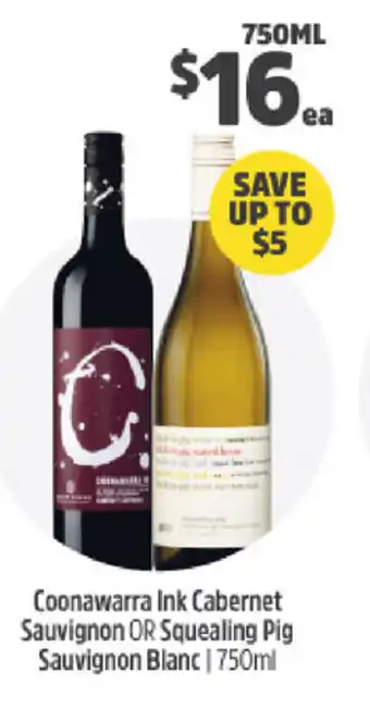 BWS Coonawarra Ink Cabernet Sauvignon Or Squealing Pig Sauvignon Blanc 750ml offer
