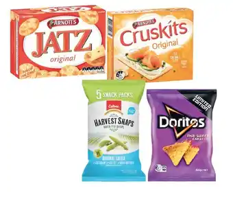 Coles Arnottu2019s Shapes or Jatz Crackers 160g-225g or Cruskits Crispbread 125g, Smithu2019s Chips 6 Pack 114g or Calbee Harvest S offer