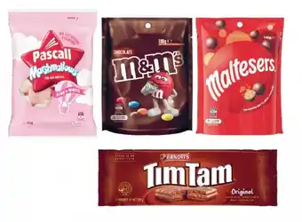 Coles Pascall or Sour Patch Bag 160g-350g, Mars M&Mu2019s, Maltesers or Pods 120g-180g or Arnottu2019s Tim Tam Chocolate Biscuits 1 offer