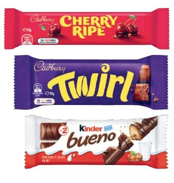 Coles Cadbury Medium Bar 30g-60g, Whittakeru2019s Slab 45g-50g or Kinder Bueno Bar 39g-43g offer