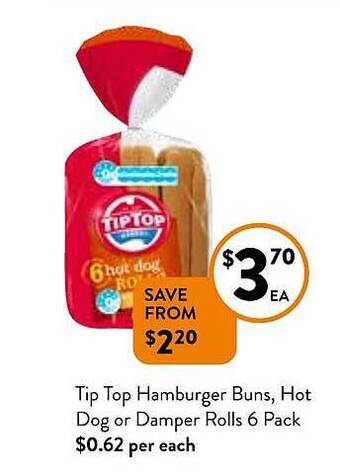 Foodworks Tip top hamburger buns, hot dog or damper rolls 6 pack offer