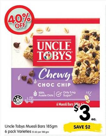 Spar Uncle tobys muesli bars 185gm 6 pack offer