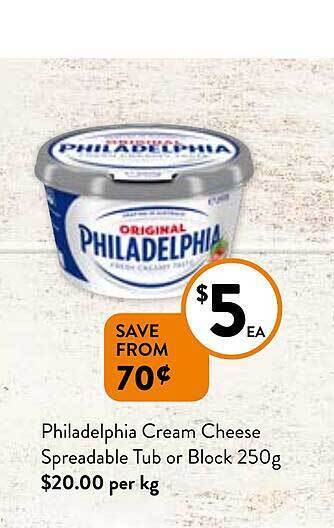 Foodworks Philadelphia cream cheese spreadable tub or block 250g offer