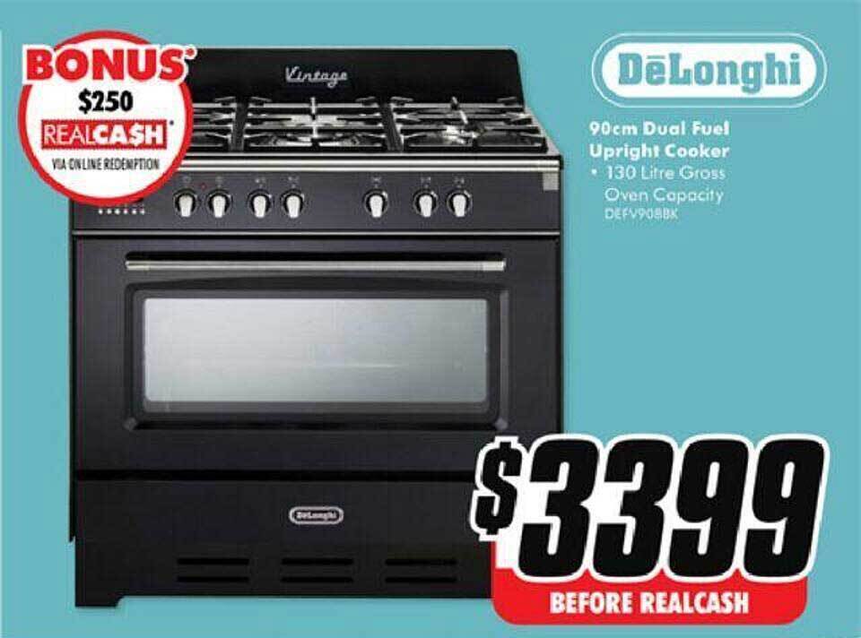 Delonghi 90cm dual fuel upright cooker oven capacity offer at The Good Guys