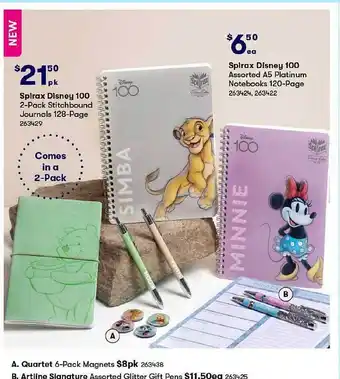 BIG W Quartet 6-pack magnets, artline signature glitter gift pens, spirax disney 100 2-pack stitchbound journals, spirax disney 100 offer