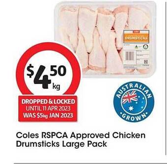 Coles Coles rspca approved chicken drumsticks large pack offer