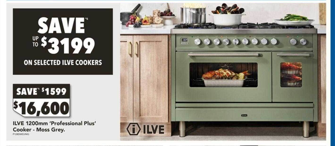 Ilve 1200mm 'professional plus' cooker moss grey. offer at Harvey Norman
