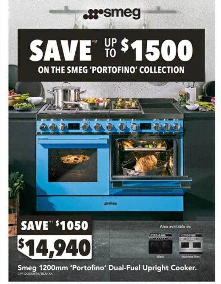 Smeg 1200mm 'portofino' dualfuel upright cooker. offer at Harvey Norman