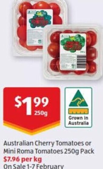 ALDI Australian Cherry Tomatoes or Mini Roma Tomatoes 250g offer