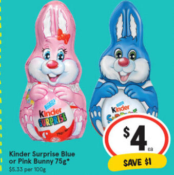 IGA Kinder Surprise Blue or Pink Bunny 75g offer