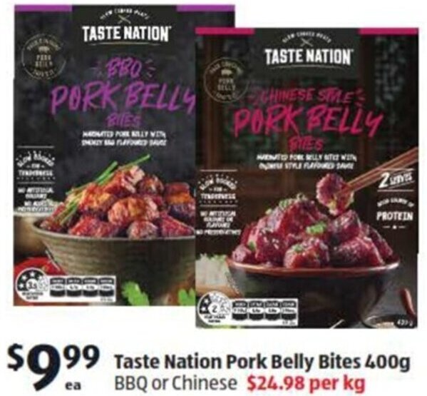 Taste Nation Pork Belly Bites 400g offer at ALDI