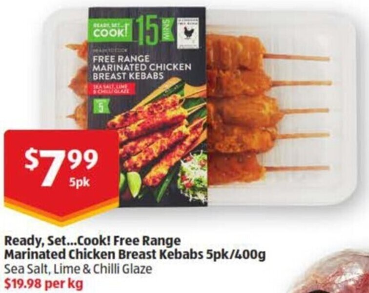 Ready Set Cook! Free Range Marinated Chicken Breast Kebabs 5pk/400g offer at ALDI