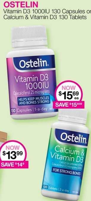 Priceline Ostelin Vitamin D3 1000IU 130 Capsules or Calcium& Vitamin D3 130 Tablets offer