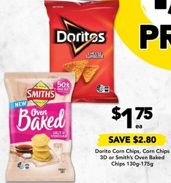 Drakes Dorito Corn Chips, Corn Chips 3D or Smith's Oven Baked Chips 130g-175g offer