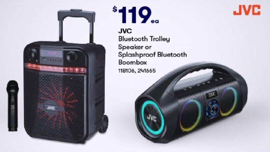 JVC Bluetooth Trolley Speaker or Splashproof Bluetooth Boombox offer at