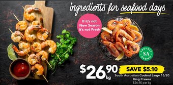 Drakes South Australian Cooked Large 16/20 King Prawns offer