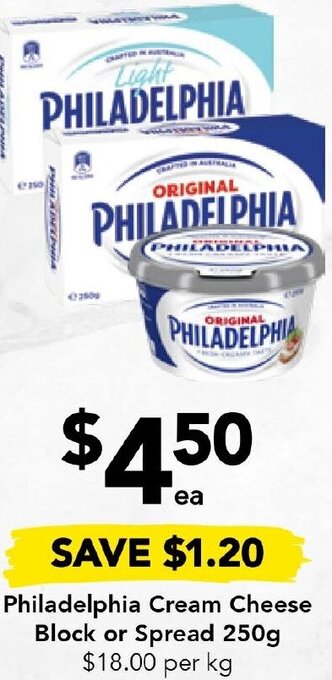 Philadelphia Cream Cheese Block or Spread 250g