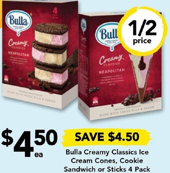 Drakes Bulla Creamy Classics Ice Cream Cones, Cookie Sandwich or Sticks 4 Pack offer
