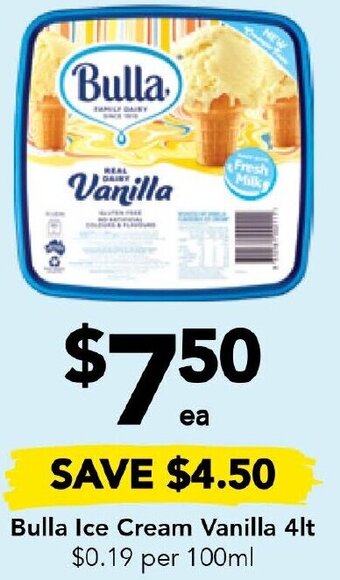 Drakes Bulla Ice Cream Vanilla 4lt offer