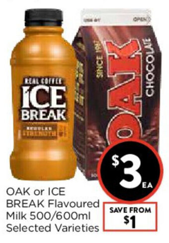 Foodworks Oak or Ice Break Flavoured Milk 500/600ml offer
