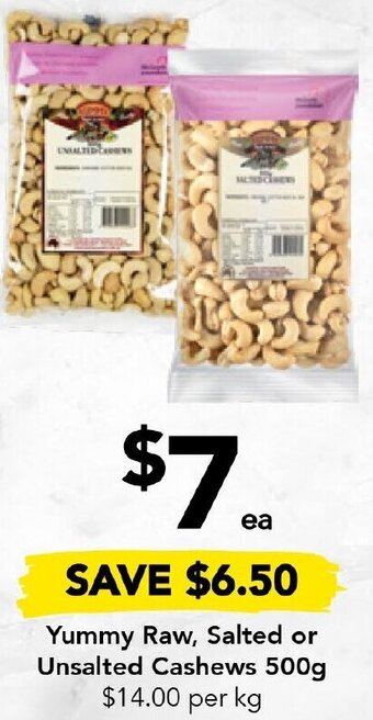 Drakes Yummy Raw, Salted or Unsalted Cashews 500g offer