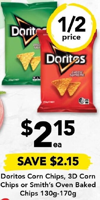 Doritos Corn Chips, 3D Corn Chips or Smith's Oven Baked Chips 130g-170g