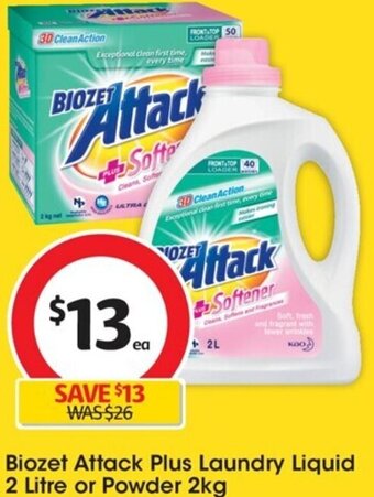 Coles Biozet Attack Plus Laundry Liquid 2 Litre or powder 2kg offer