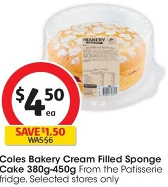 Coles Coles Bakery Cream Filled Sponge Cake 380g-450g offer