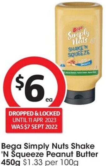 Coles Bega Simply Nuts Shake 'N Squeeze Peanut Butter 450g offer