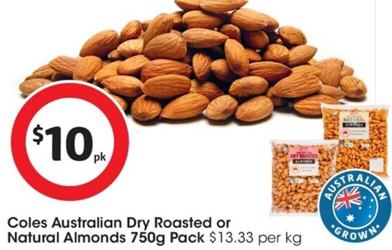 Coles Australian Dry Roasted or Natural Almonds 750g Pack offer at Coles